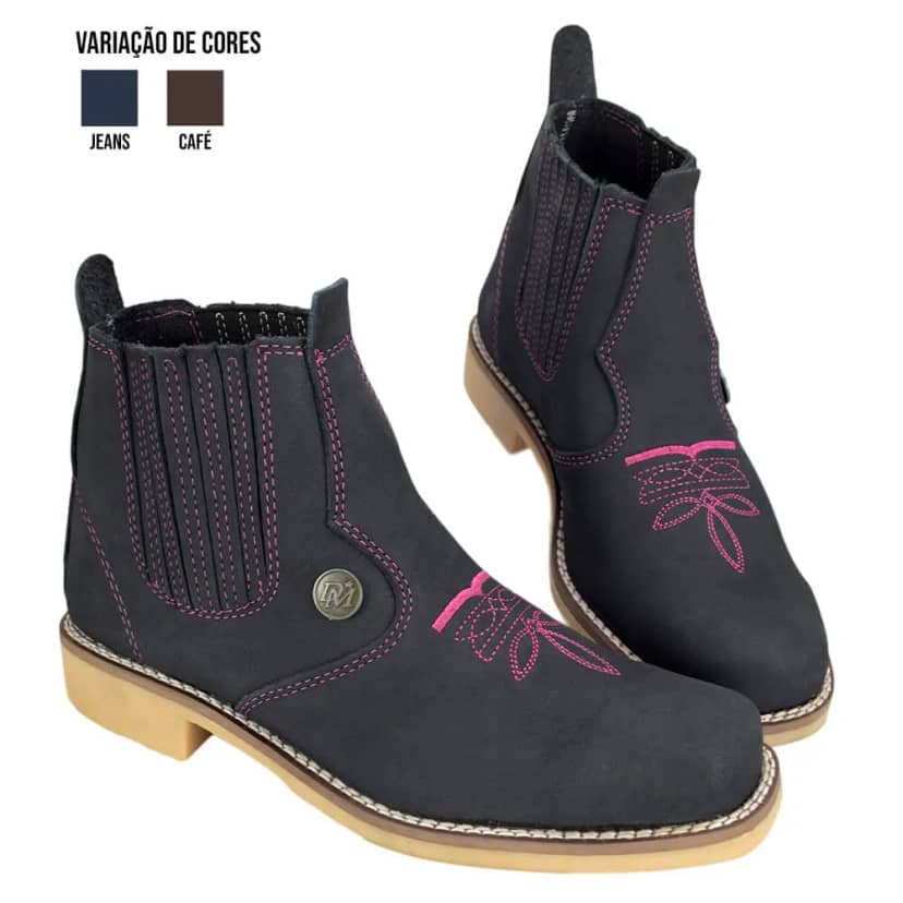 Botina Feminina em Nobuck Jeans Ou Café com Bordado Selaria